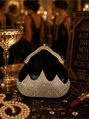 Vintage Rhinestone Hard Case Evening Bag Black Silver Cocktail Clutch Crossbody